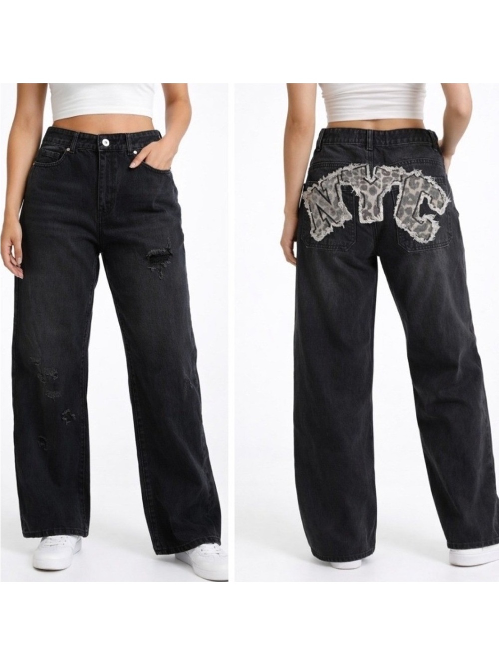 Disclosure Black Wide-Leg Distressed Jeans with NYC Patch Back Sz. 5/27